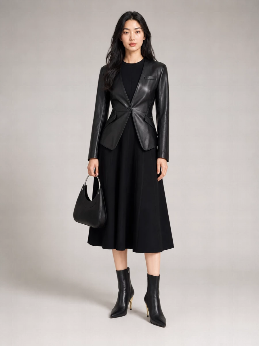 Mc Queen Leather Single-Breasted Asymmetric Blazer
