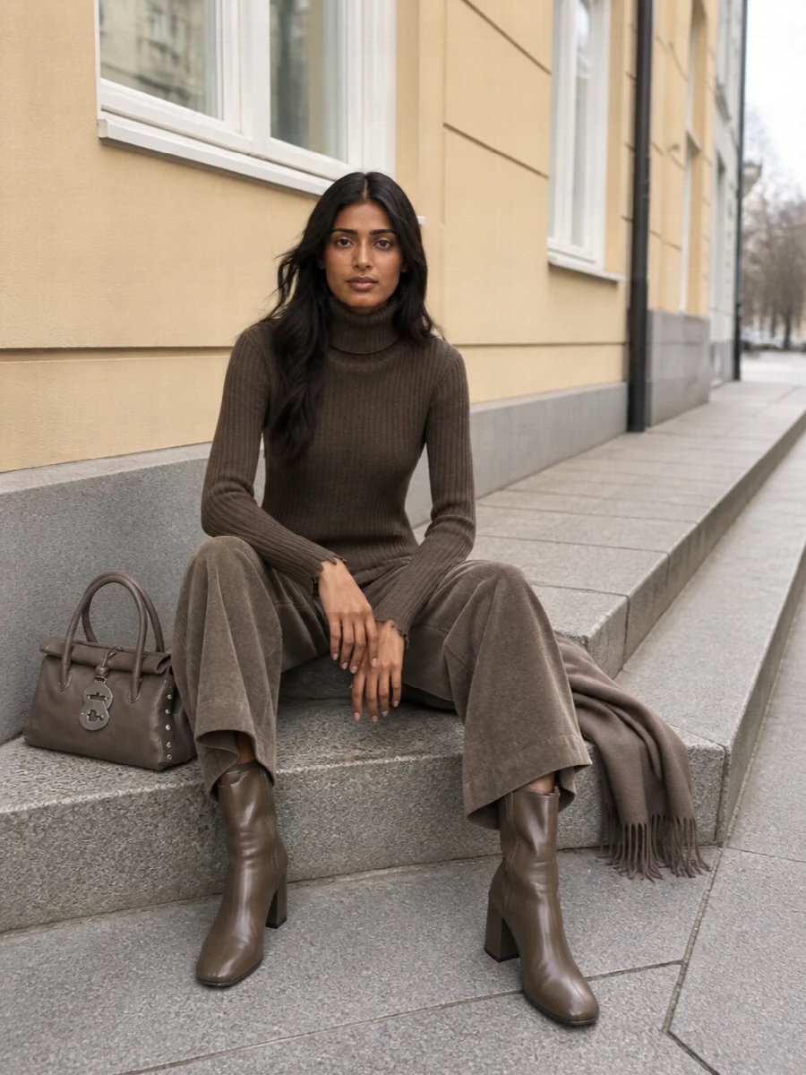 Uma wang taupe wide leg trousers turtleneck boots