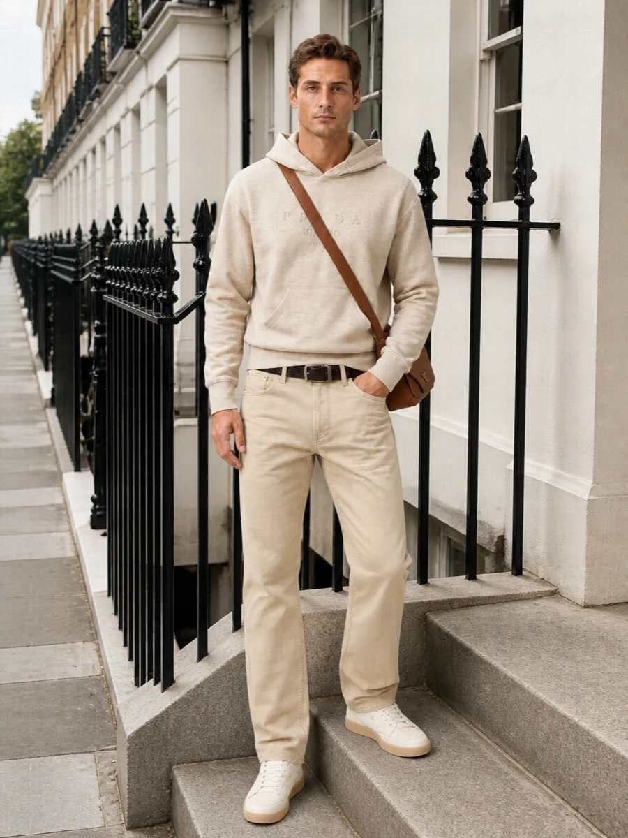 Prada beige denim tonal hoodie cream sneakers