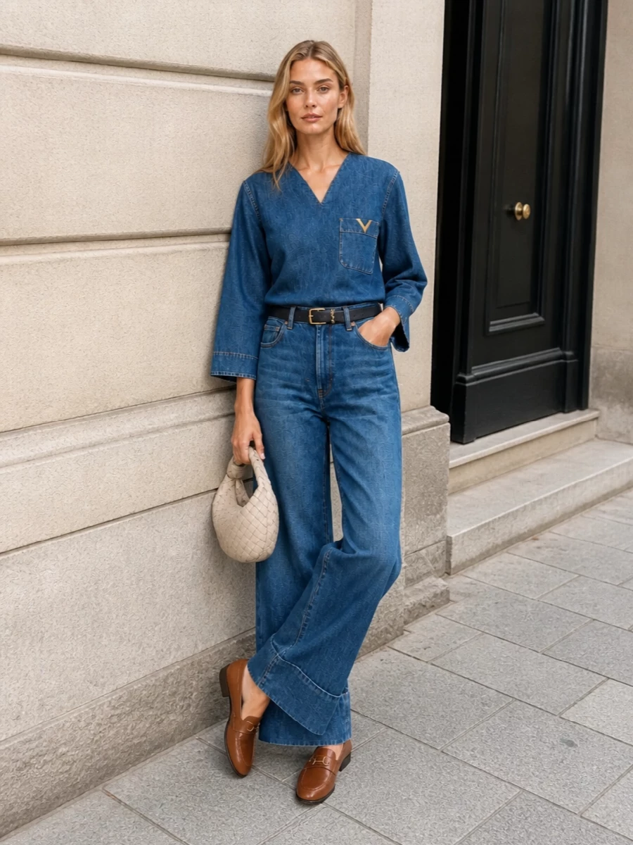 Valentino denim tunic wide leg jeans outfit