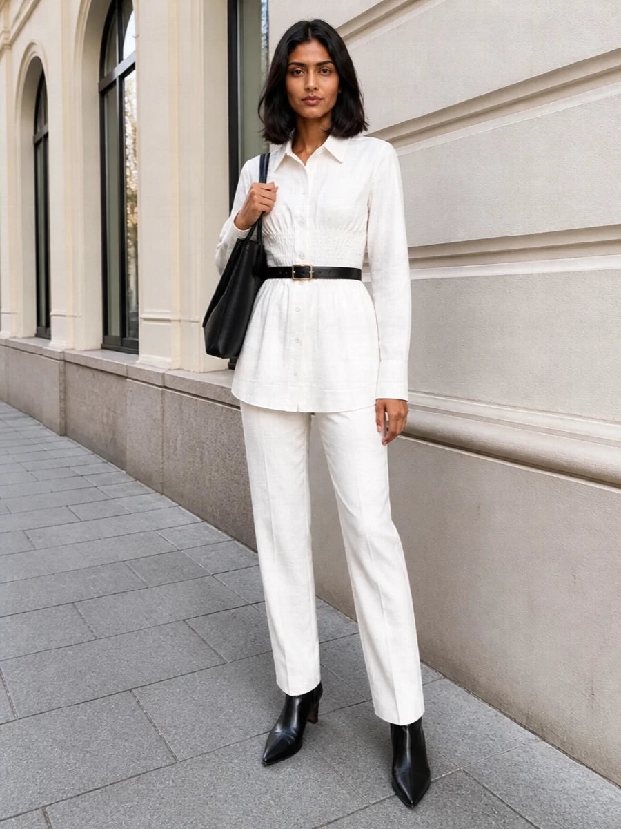 An ivory-on-ivory foundation keeps the mood sharp yet soft, with the smocked waist and straight-leg trouser creating a clean, elongated line. Black pointed ankle boots and a sculpted tote add crisp definition, while a slim belt quietly refines the waist so the whole outfit reads modern, disciplined and quietly confident for serious days in the city.