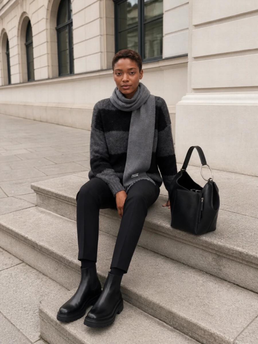 Dondup grey jumper black tailored trousers