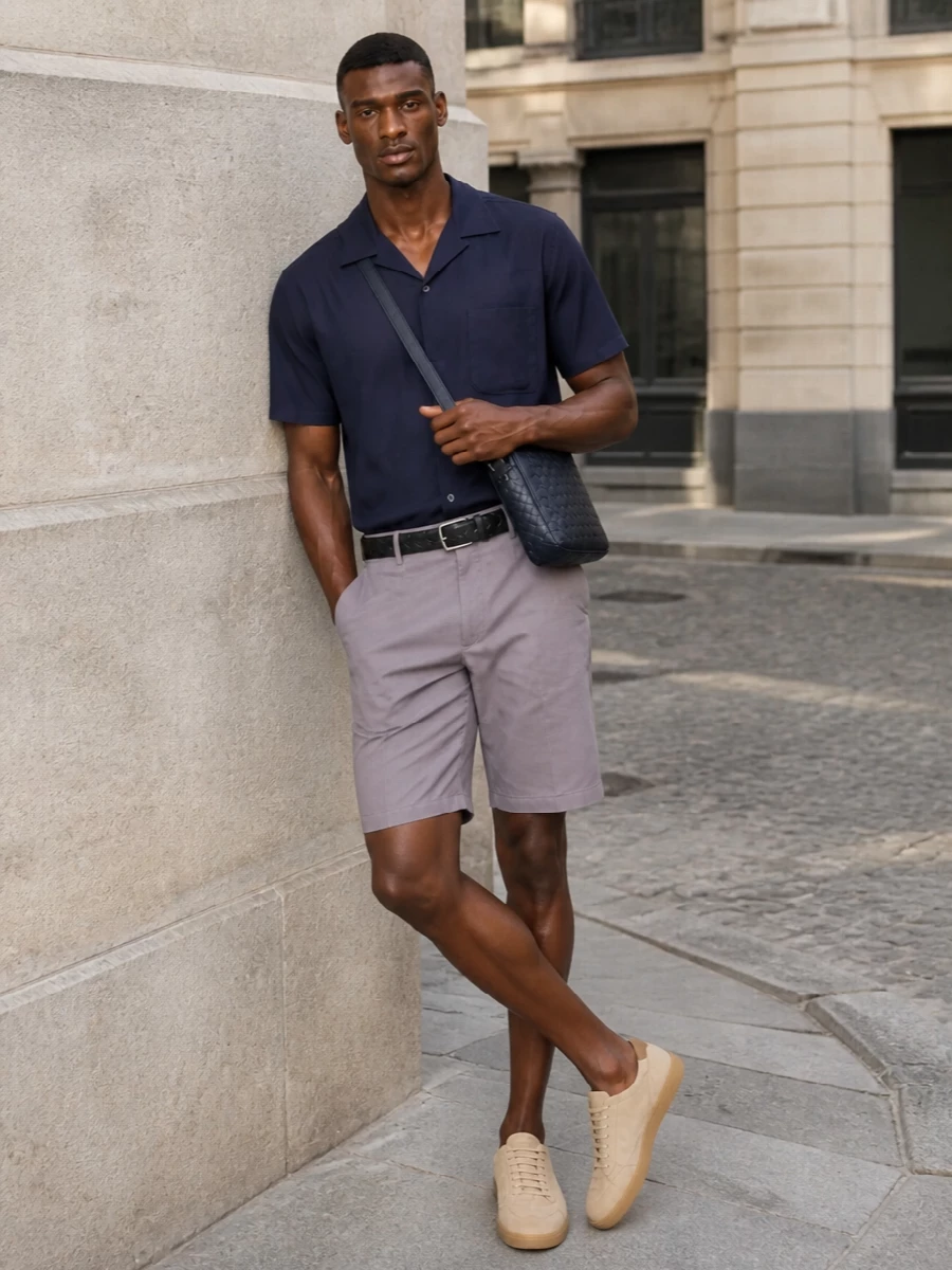Mens ink navy camp shirt chino shorts outfit