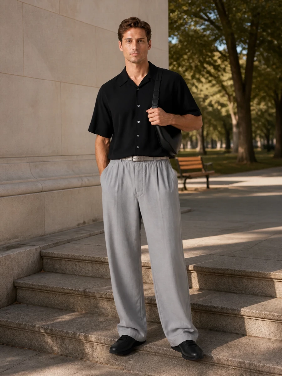 A black boxy shirt sits cleanly over light grey wide-leg trousers, giving a calm monochrome column with real ease through the leg. Streamlined black sneakers keep it sharp but relaxed, while a sculptural shoulder bag and slim belt add just enough structure for gallery afternoons, city dinners, or low-key office days. The palette stays muted and graphic, so the interest comes from proportion and subtle texture rather than noise.