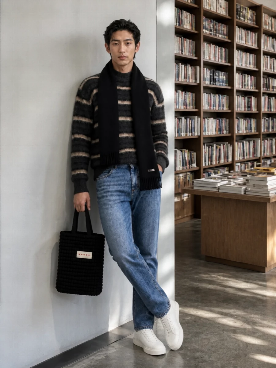 Marni striped knit blue jeans white sneakers outfit