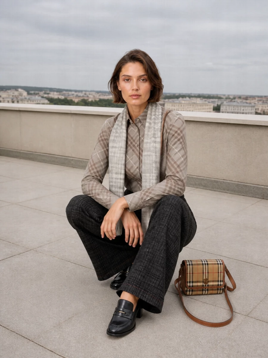 A diagonally checked Burberry shirt meets high-rise charcoal wide-leg trousers for a refined, modern take on British tailoring. The structured block-heel loafer and compact check cross-body keep the silhouette long and composed, while soft neutral accessories maintain the calm, quiet palette. It is boardroom-ready but relaxed enough for a polished city dinner after hours.