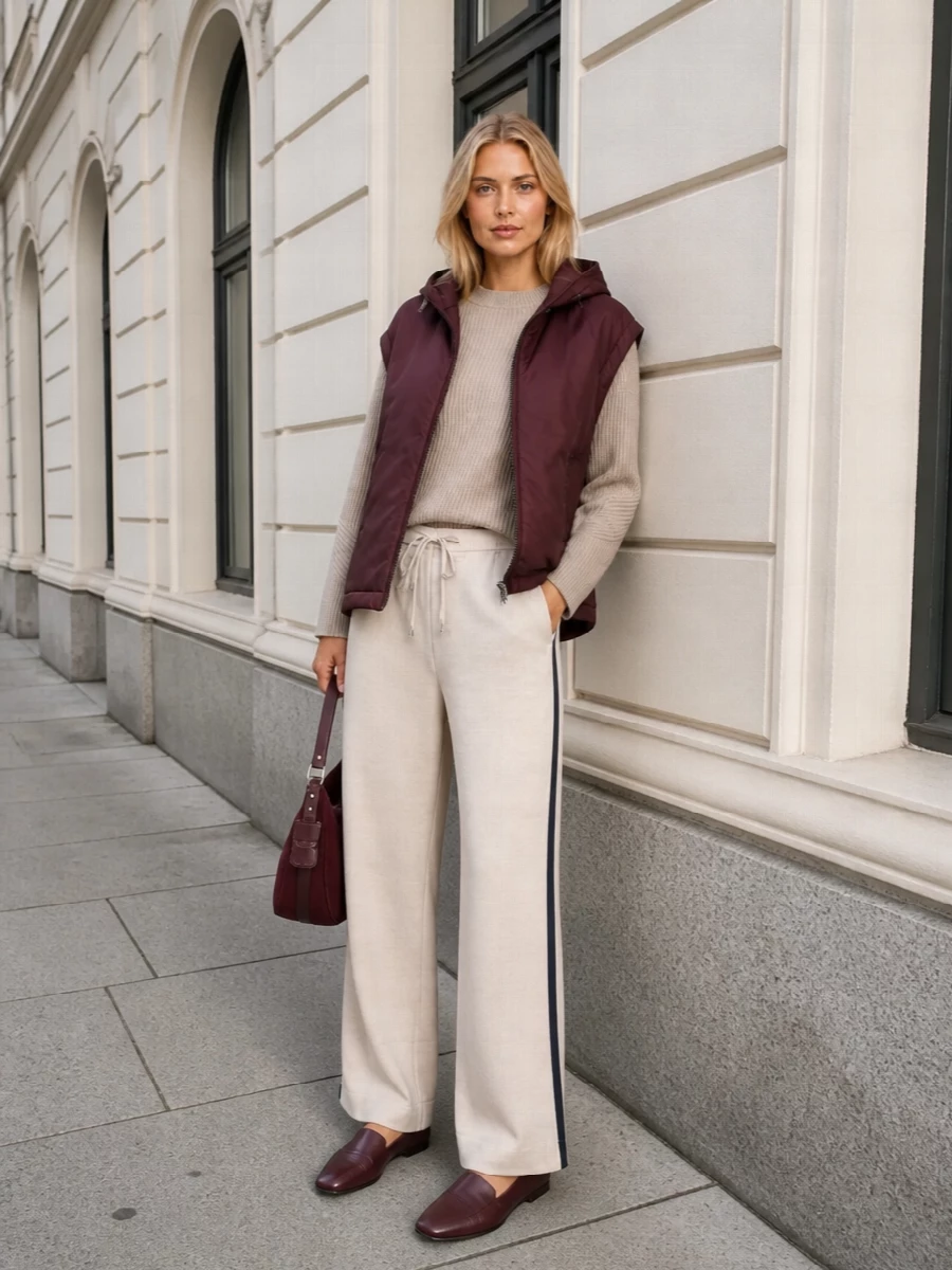 Max mara burgundy vest joggers loafers outfit