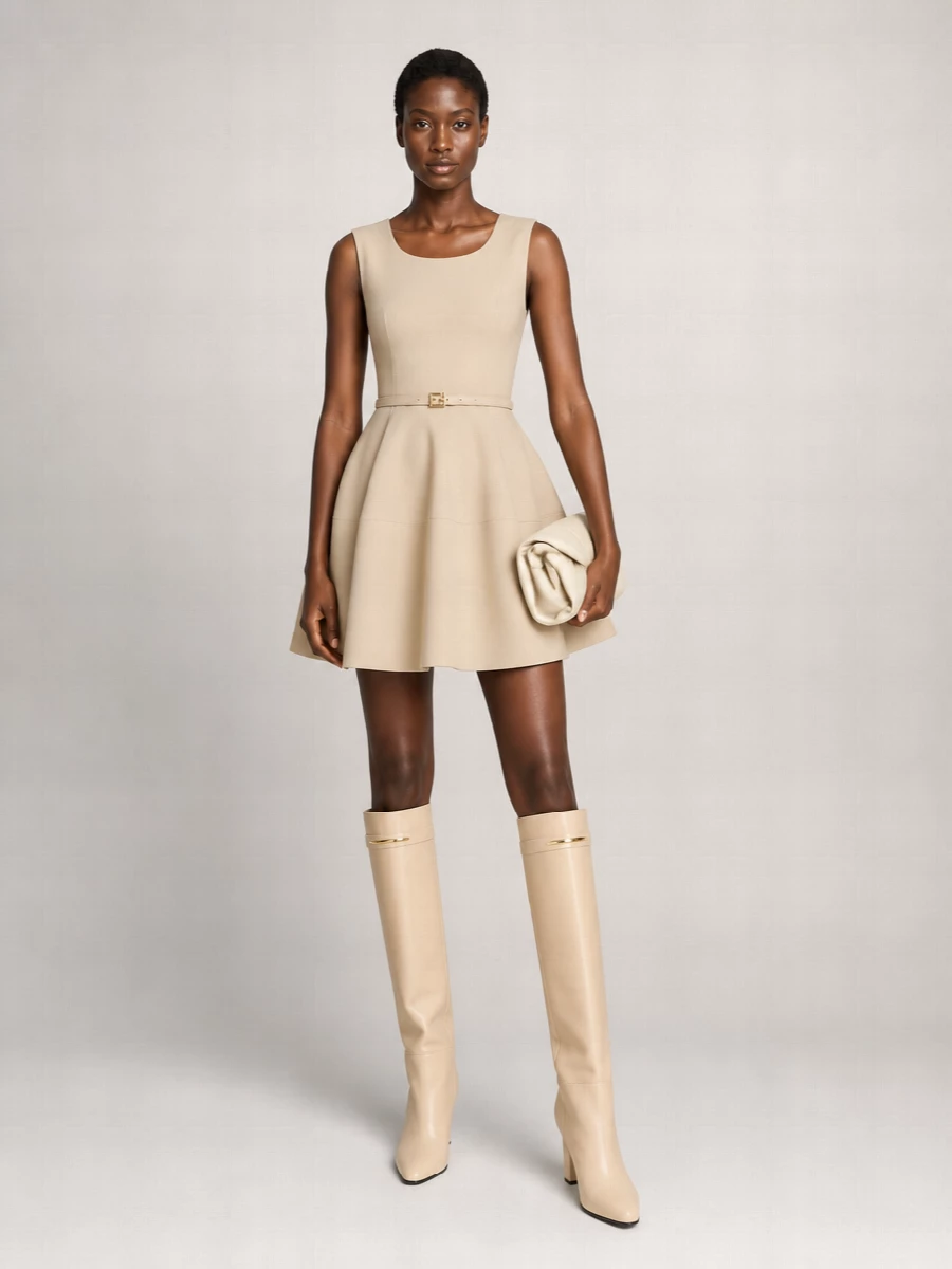 A sculpted Fendi mini in light beige pairs with the buttercream Givenchy knee boots for a precise, hourglass take on modern cocktail dressing. The shared soft tones let the boots read as an intentional extension of the dress rather than a contrast, while the clean seaming and flared skirt keep the mood tailored rather than overtly romantic. I chose the dress route over separates so the architectural boots can sit against one uninterrupted column of color, keeping the whole composition sharp, controlled and quietly rich in detail.