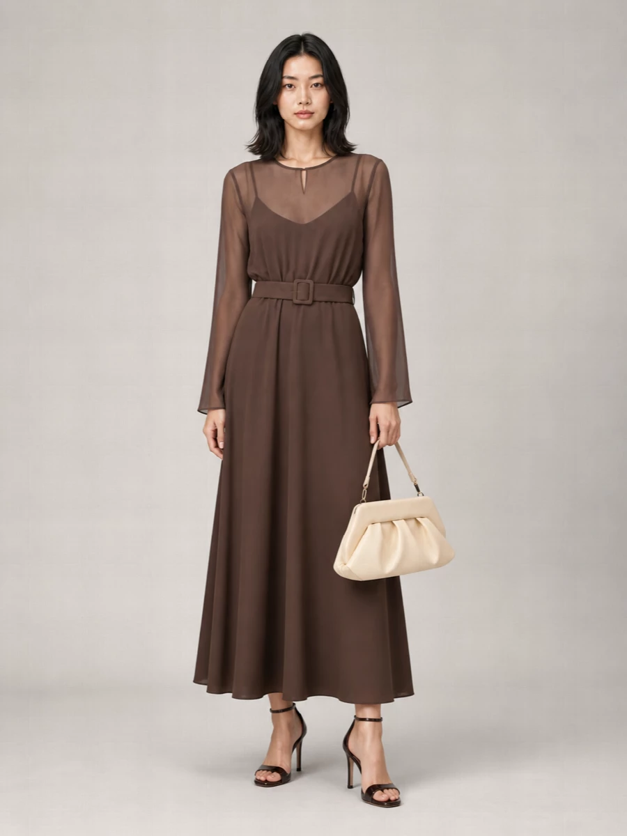Parosh Belted Long-Sleeve Midi Dress
