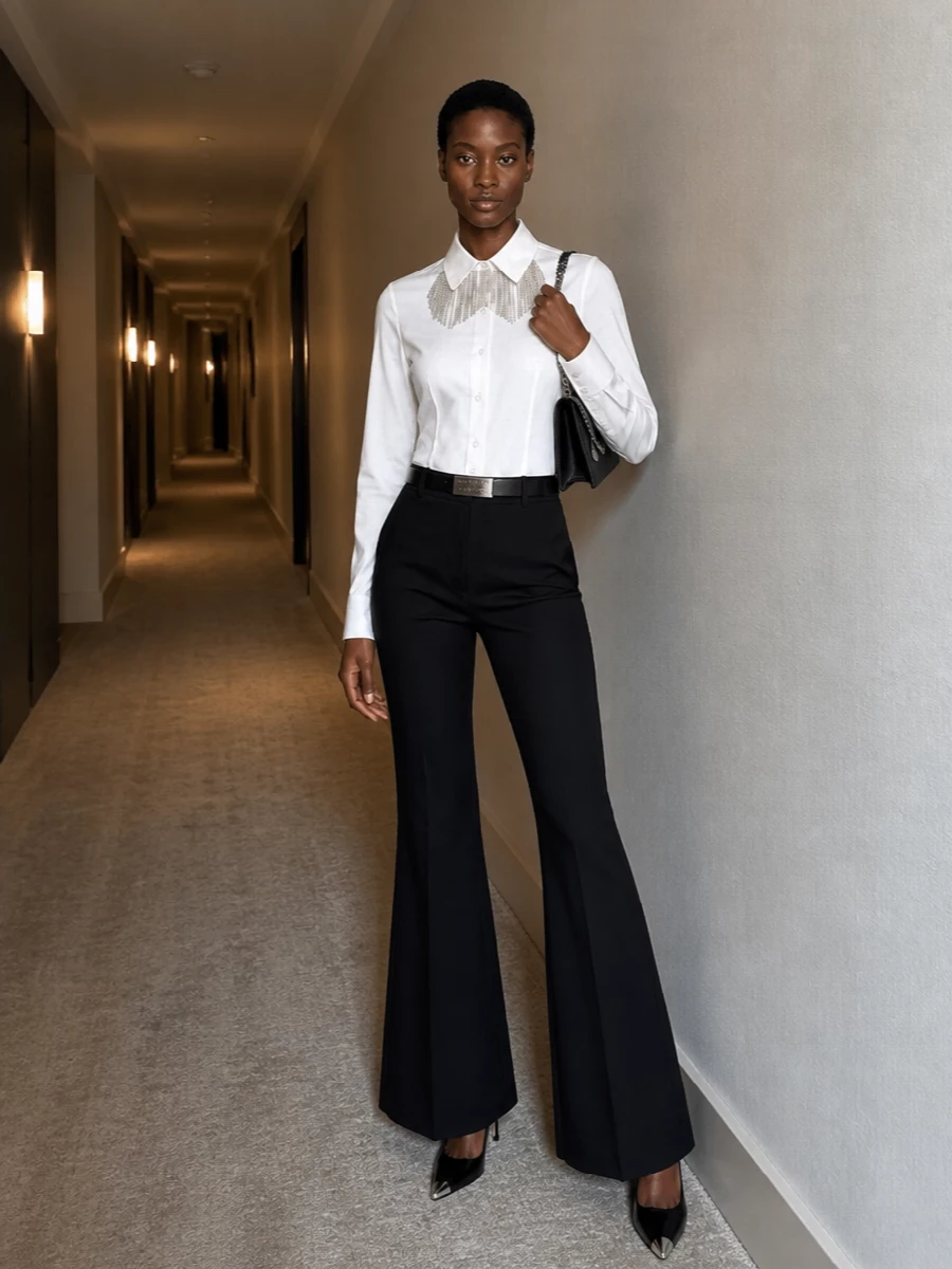 Sportmax crystal collar shirt black flare outfit