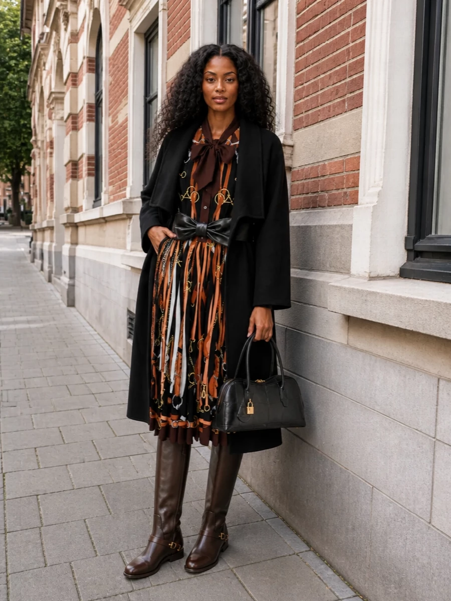 Gucci’s equestrian-print shirt dress is styled with espresso riding boots for a romantic, slightly preppy take on city evenings. The black croc-embossed top-handle bag tightens the silhouette and adds just enough shine for gallery dates or dinner reservations. Warm saddle and chocolate tones keep the palette rich while the structure of the accessories keeps everything sharply composed.