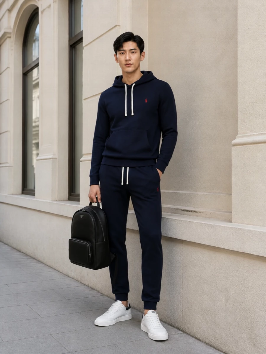 Polo ralph lauren navy hoodie joggers white sneakers