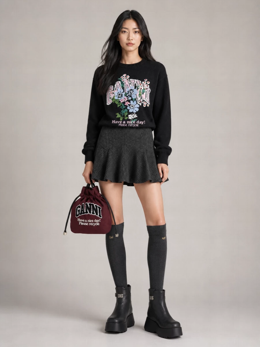 Ganni-on-Ganni done right: the graphic floral knit sits over a charcoal pinstripe mini, keeping the palette tight while playing up that collegiate, romantic-preppy clash. Chunky black platforms and charcoal knee socks give the mini real-city attitude, and the matching slogan pouch pulls the whole story back to the knit with a knowing wink. It is an off-duty uniform for cooler days that still feels considered and fun from coffee runs to late walks home.