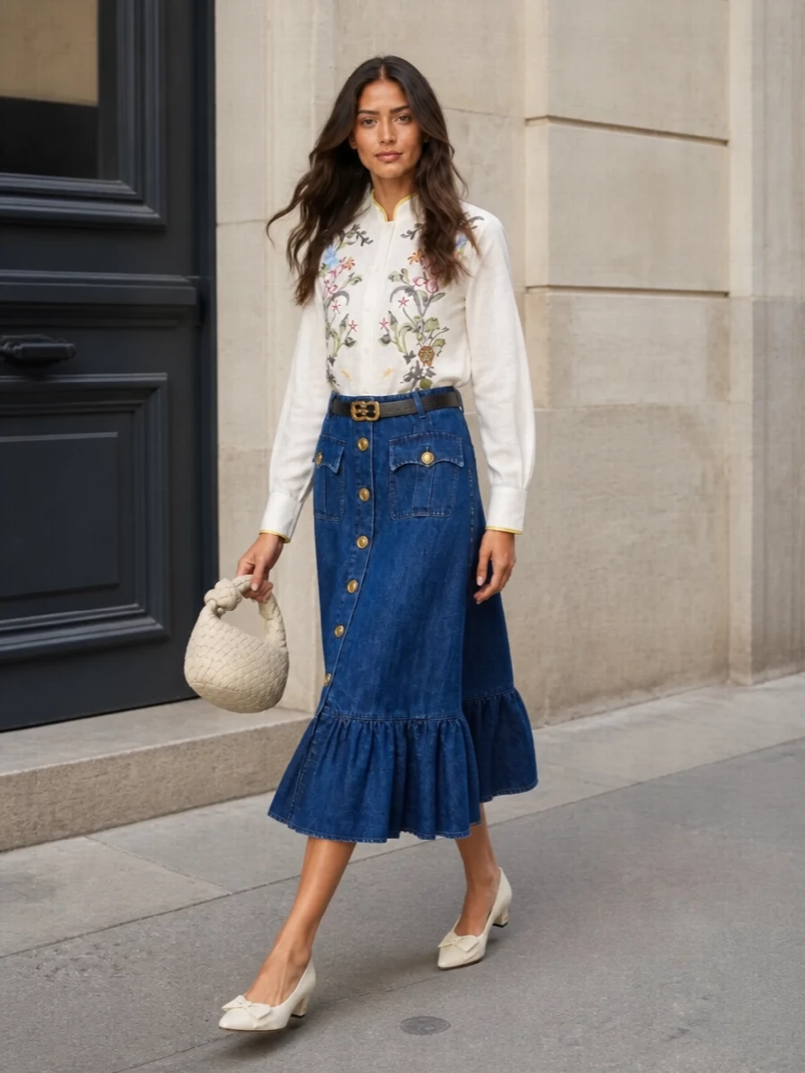This look leans into romantic quiet luxury: the indigo A-line denim skirt is softened by the embroidered ivory floral shirt, creating a light, feminine contrast that still feels polished. Buttercream block-heel pumps and a cream intrecciato mini hobo keep the palette luminous and refined, while a slim navy belt crisps the waist for a poised, city-ready silhouette. It’s an elevated SS ensemble that moves effortlessly from daytime appointments to intimate dinners.