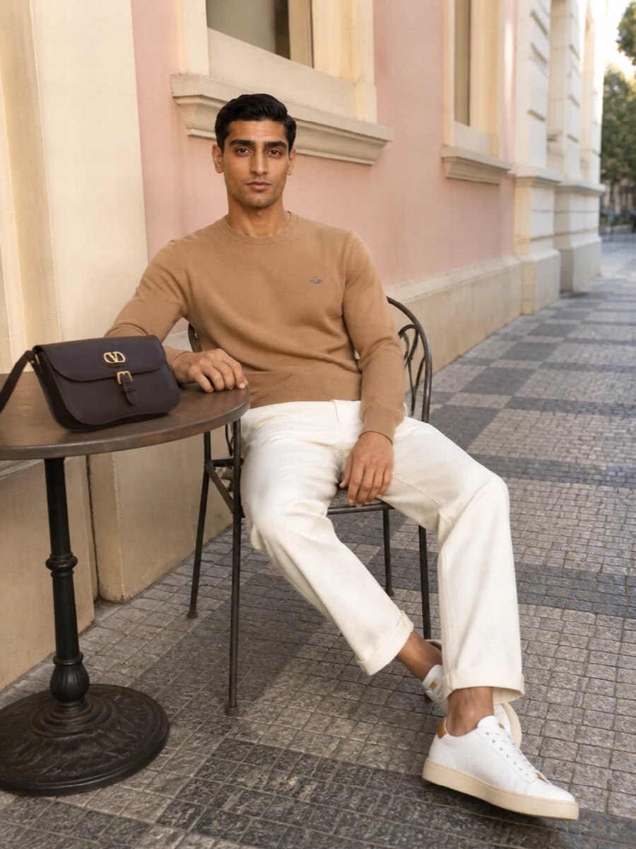 Camel and ivory stay in quiet dialogue here, with the crew-neck knit and straight-leg trouser reading polished yet easy for daytime. Soft white sneakers keep it modern and informal, while the dark espresso crossbody grounds the palette with a subtle, grown-up contrast. It is relaxed campus energy, refined enough for city lunches and low-key meetings.