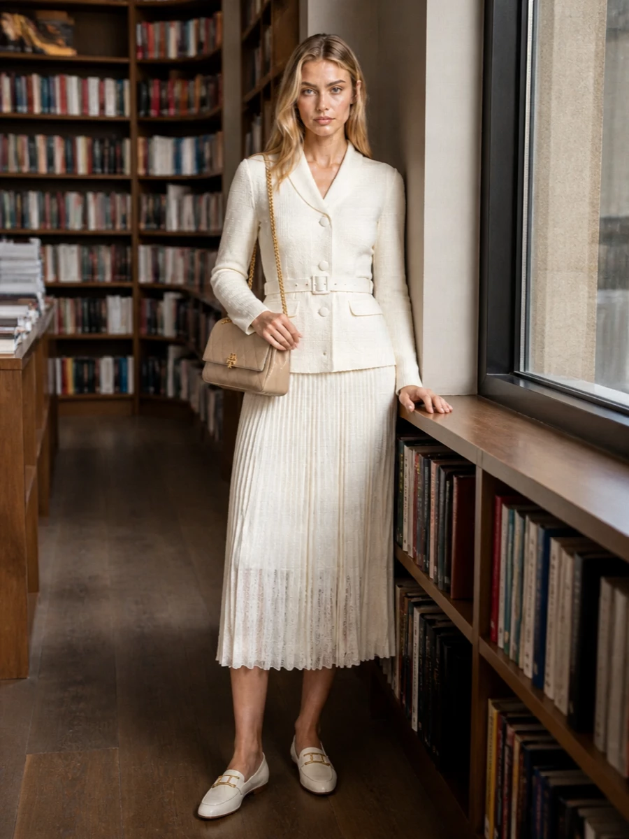 I chose the dress route with the Self-Portrait ivory jacket-and-pleated-midi dress, as its tailored, preppy ease and creamy tone feel made for the taupe Tory Burch bag. The Tod’s pointed ivory loafers keep everything on the same quietly polished, city-ready wavelength, tying together the soft neutrals and gold hardware in a way that feels composed but not stiff. The result is a refined day-to-dinner ensemble that reads modern, feminine and quietly luxurious without tipping into overt eveningwear.