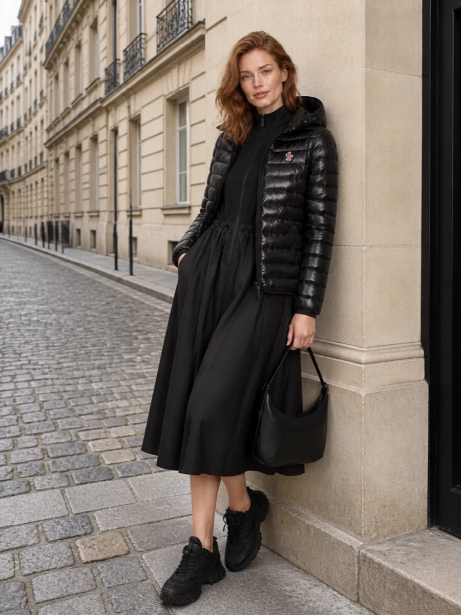 This look is a sharp, monochrome city uniform: a sleek black Moncler puffer layered over the technical zip-front midi dress for an elongated, athletic line. Chunky black runners keep it grounded and practical, while the curved Balenciaga hobo bag adds a refined, fashion-forward edge that stays in step with the jacket’s quiet luxury. I chose the dress route over separates to avoid visual bulk at the waist and to let the puffer’s fitted shape sit cleanly over a single, fluid column of black.