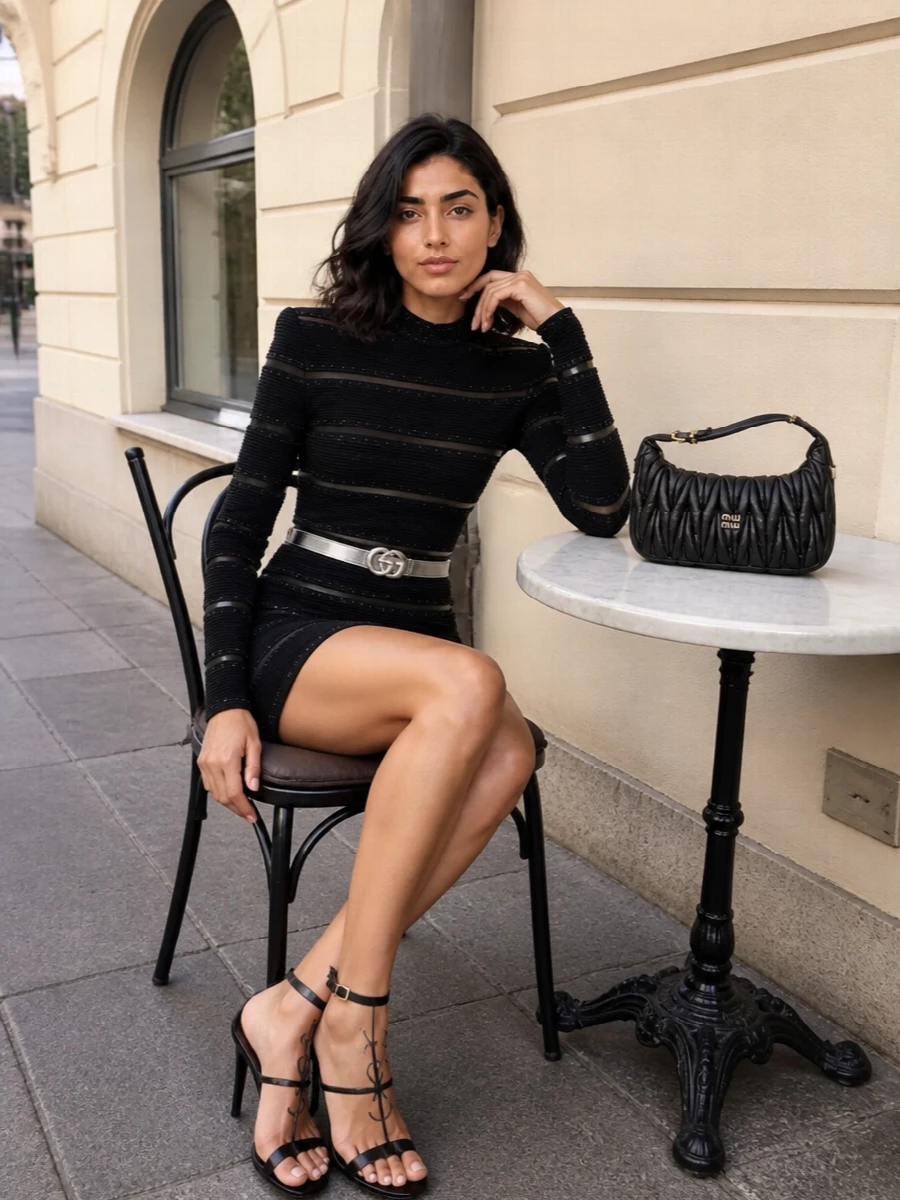 I’m building this around a razor-sharp nightlife uniform, so the dress path wins over separates to keep the belt as a clean, high-impact accent. The Balmain mini, Saint Laurent sandals and Miu Miu baguette lock into a black and silver, logo-laced universe that reads street, glam and club-ready without feeling over-styled. The Gucci belt finishes it with a single band of mirrored light at the waist, tightening the silhouette and tying every metallic element together.