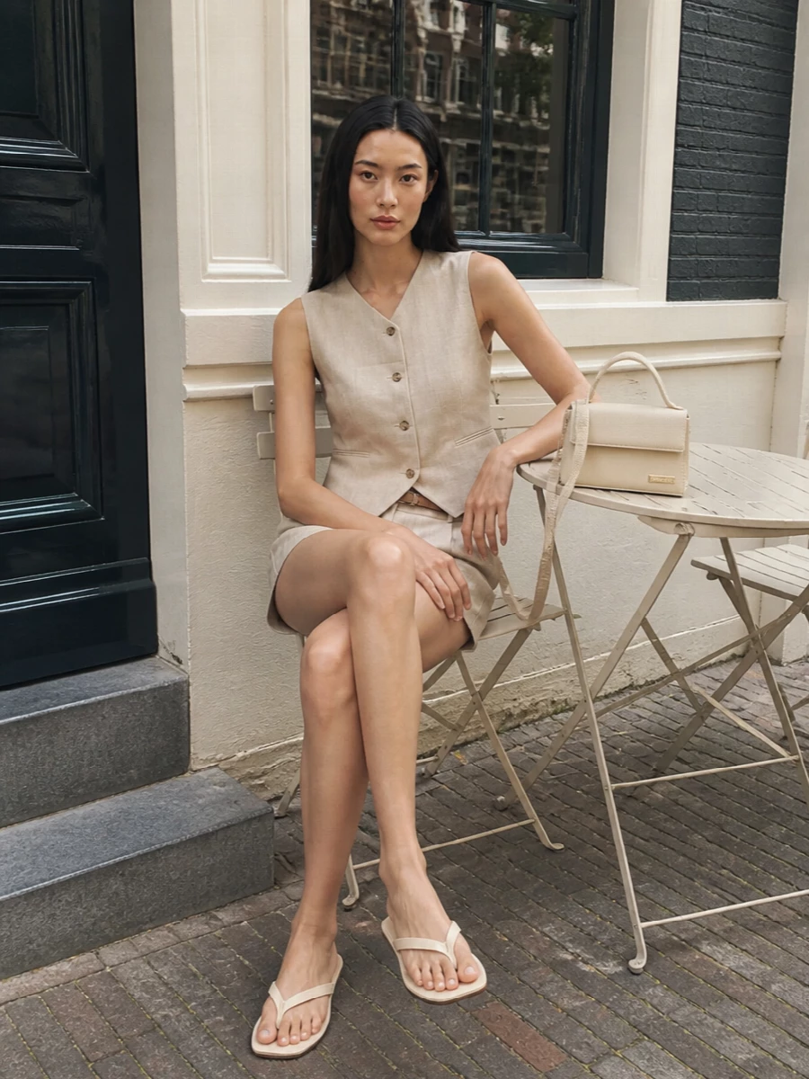 Loulou studio beige shorts waistcoat aeyde sandals