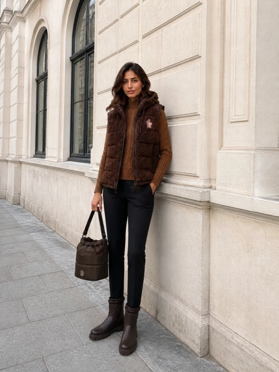 Moncler brown gilet black ski trousers