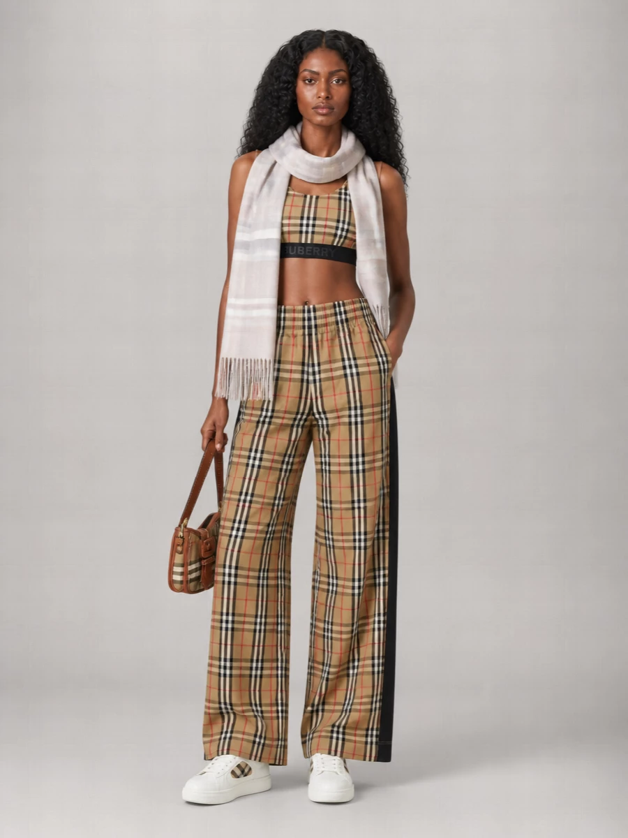 Burberry Cotton High-Rise Checked Wide-Leg Trousers