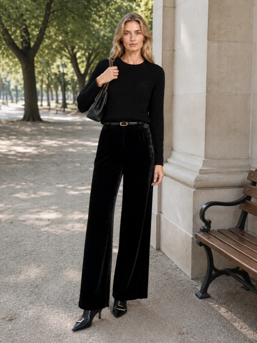 Etro velvet trousers black sweater ankle boots