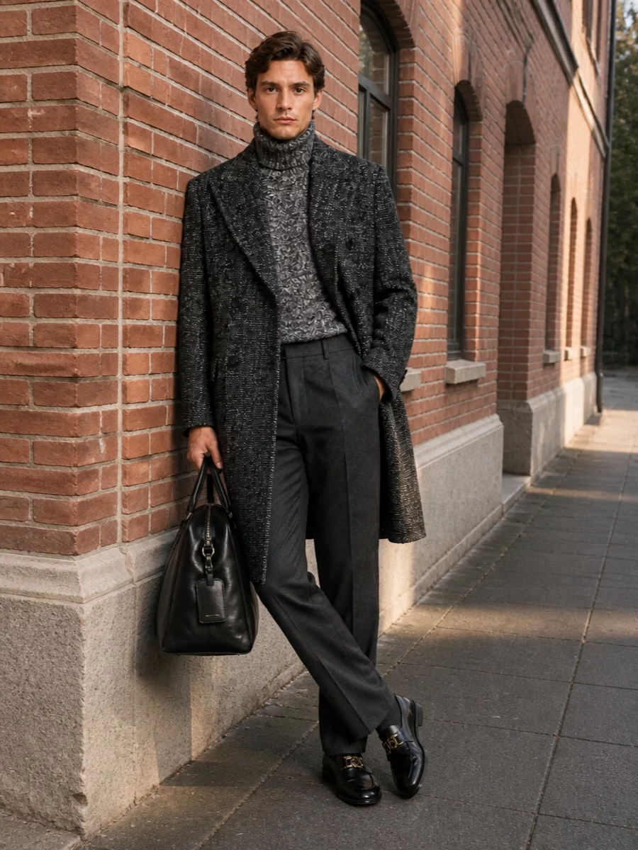 Dolce gabbana charcoal coat turtleneck outfit