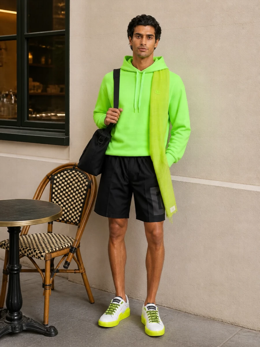 Dolce gabbana neon hoodie black shorts outfit
