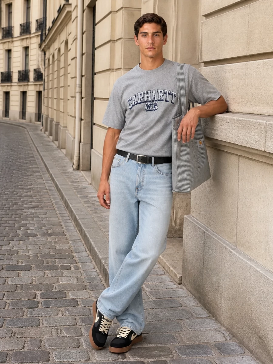 Carhartt wip grey tee light wash jeans outfit