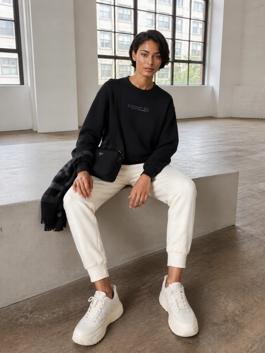 A black Moncler sweatshirt sits cleanly over buttercream joggers for a graphic yet soft take on off-duty dressing. Tonal cream sneakers keep the line cohesive from hip to ground, while a sleek black cross-body and charcoal wrap introduce just enough structure for city errands or travel. The result is lounge-level comfort that still reads considered and quietly sporty.