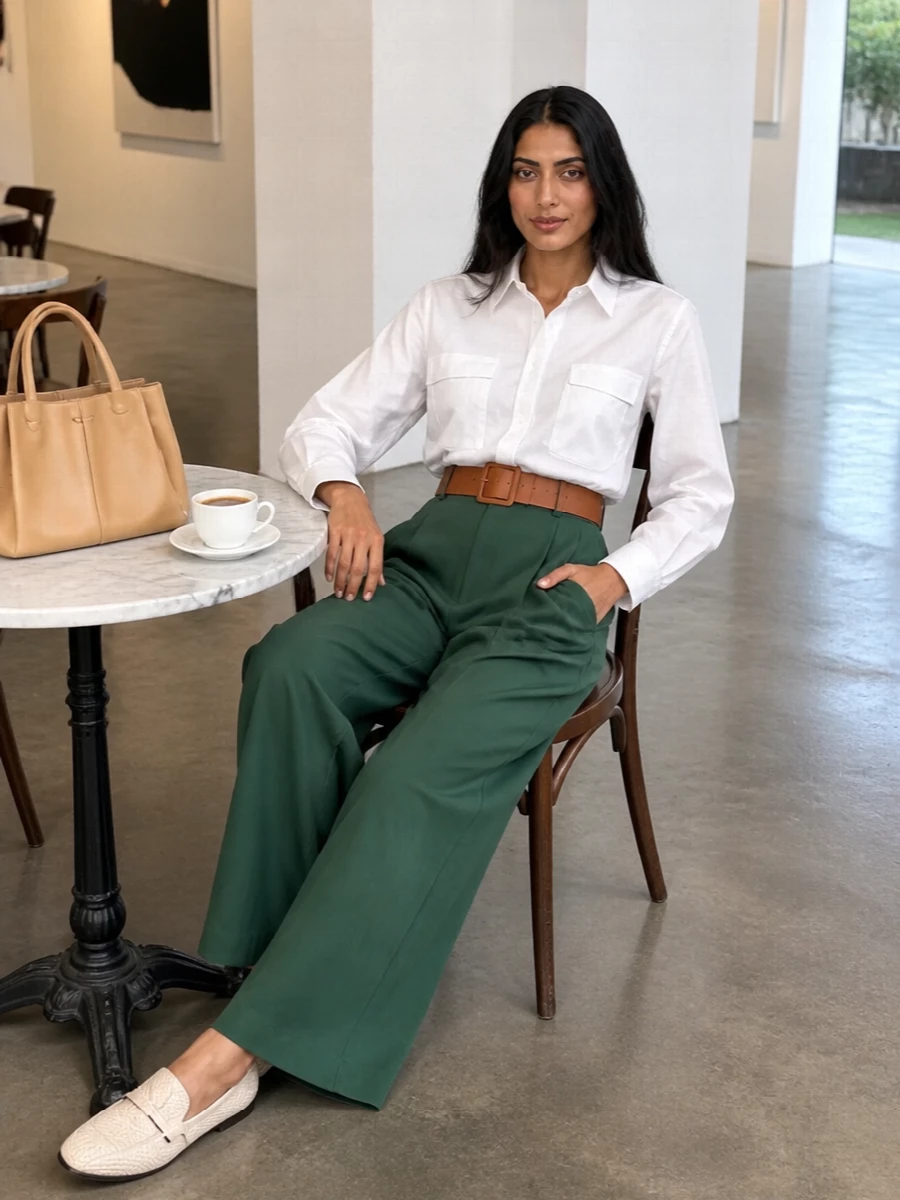 Max mara green wide leg trousers white shirt