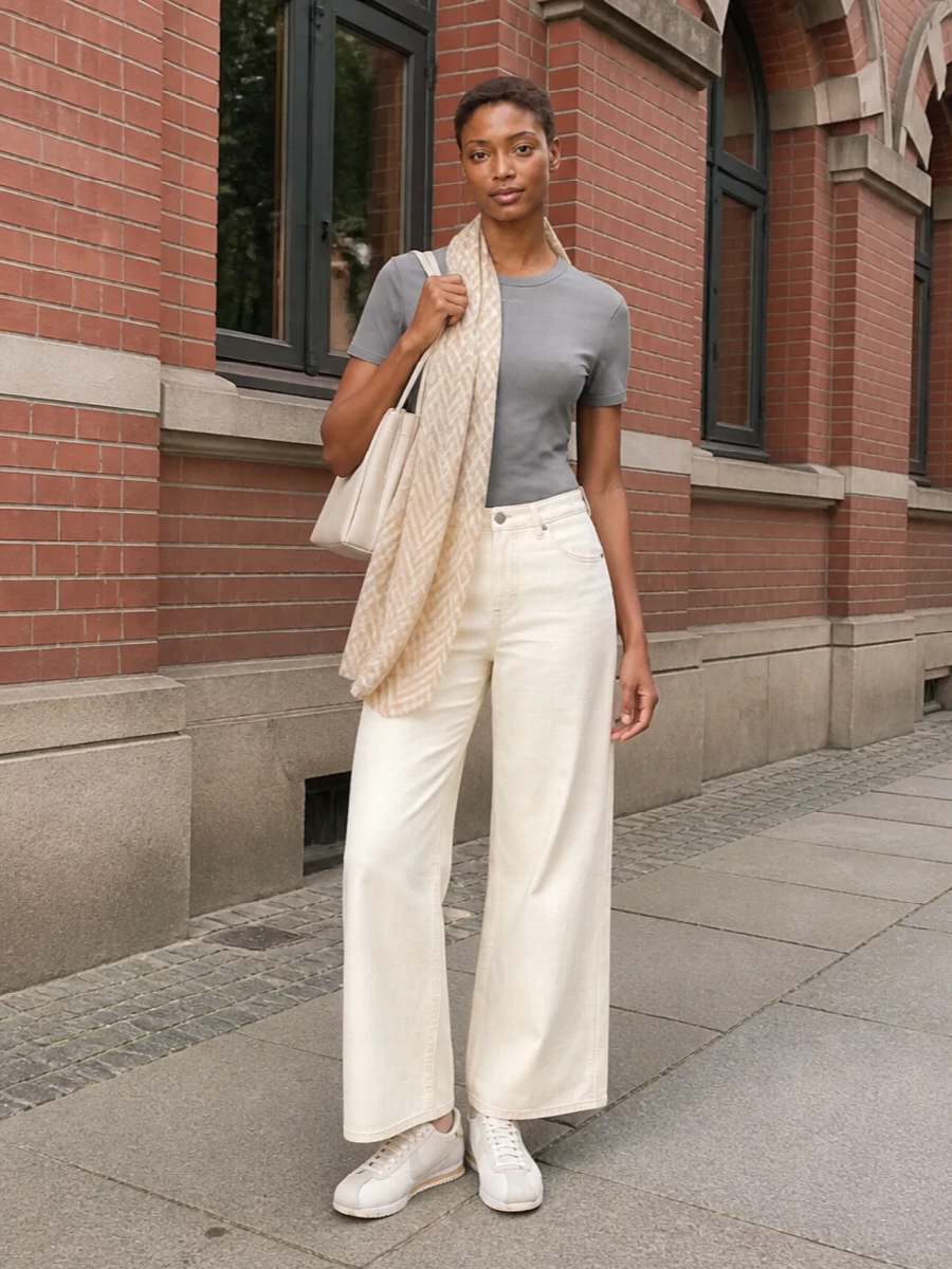 Soft slate grey meets buttercream for a calm, low-contrast pairing that feels considered but relaxed. The wide-leg trouser and compact tee balance volume and neatness, while neutral sneakers and a structured cream bag keep everything light and easy for warm days. A gauzy beige scarf is there if you want a touch of texture without losing the clean lines.