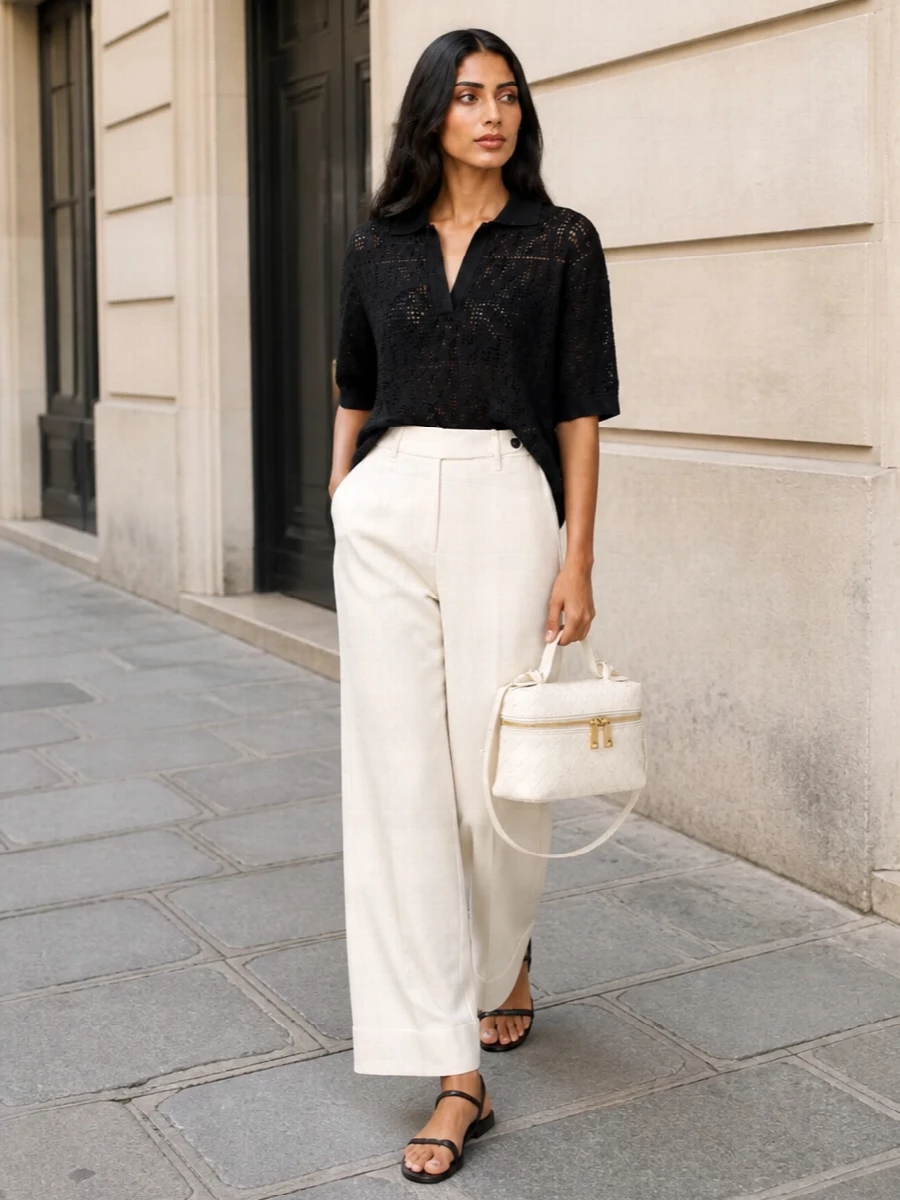 An airy black open-knit polo is grounded by creamy high-waisted wide-leg trousers, creating a long, fluid line that feels effortless yet deliberate. Fine black strappy sandals keep the silhouette light and modern, while an ivory intrecciato shoulder bag adds a soft, tactile counterpoint that reinforces the understated monochrome mood. The result is refined summer city dressing with a whisper of evening allure.