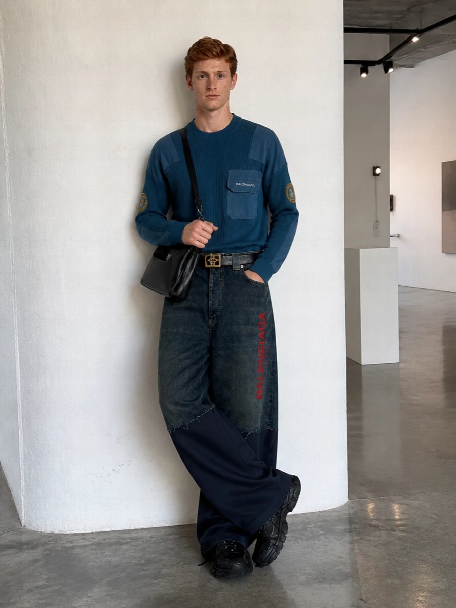 Balenciaga’s hybrid trouser sits under a petrol utility knit with matching insignia, creating a tight, uniform-driven story in navy and charcoal with a single red shout. All-black technical runners keep the proportions grounded and urban, while a structured leather crossbody and logo belt add just enough polish to read intentional rather than thrown on. The result is relaxed, graphic streetwear that still feels sharply curated from head to toe.