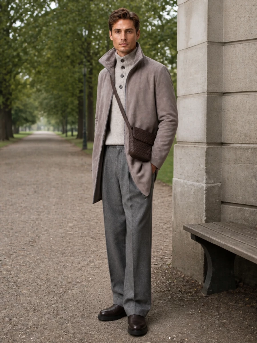 Giorgio brato suede coat grey trousers outfit
