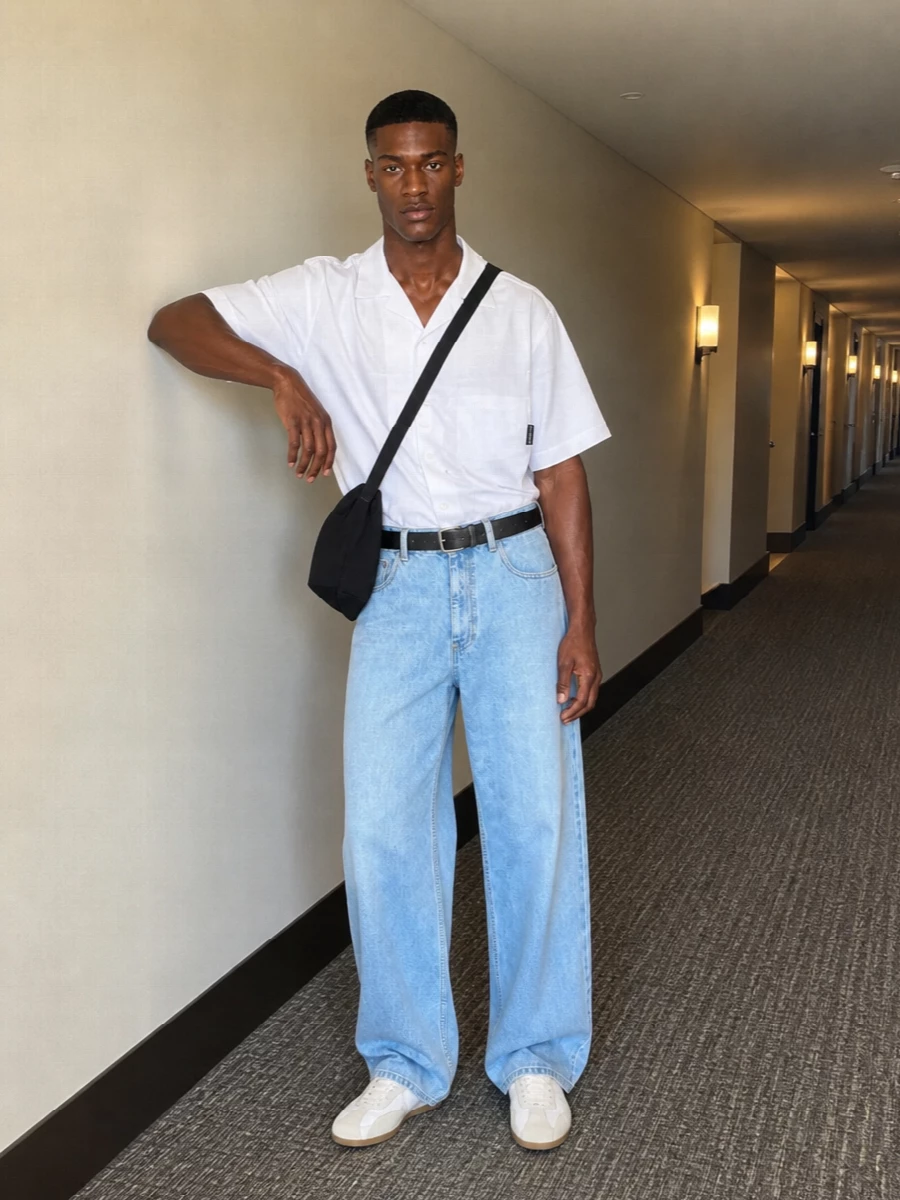 Palm angels wide leg jeans white camp shirt outfit