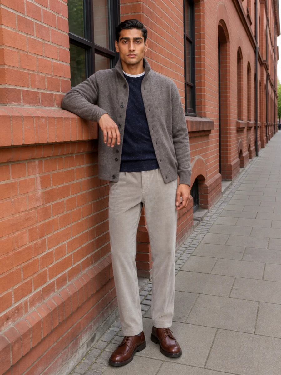 A quietly polished Barbour-centric ensemble that leans into soft taupes, navy and rich brown for an understated winter palette. Fine corduroy and compact knit textures keep everything tactile yet streamlined, while the substantial Paraboot derby and structured Barbour satchel add just enough heritage weight for city or country days alike.