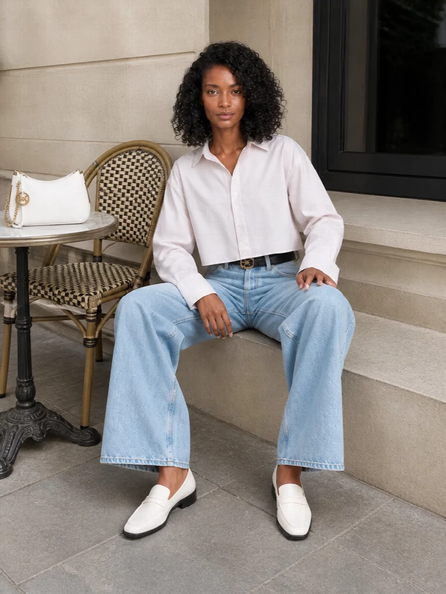 Calvin klein wide leg jeans cropped shirt outfit