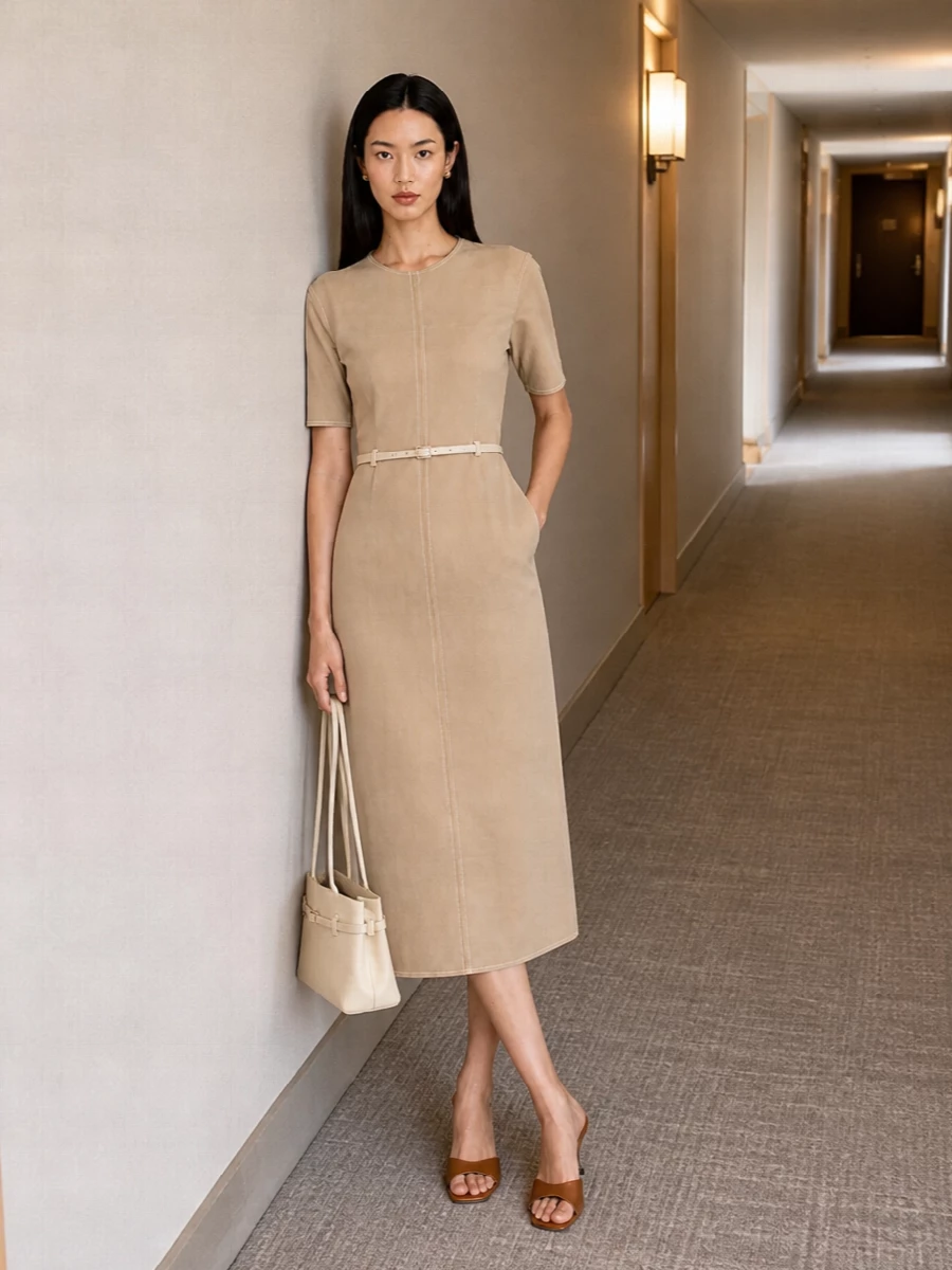 Ami paris tan midi dress neutral heels