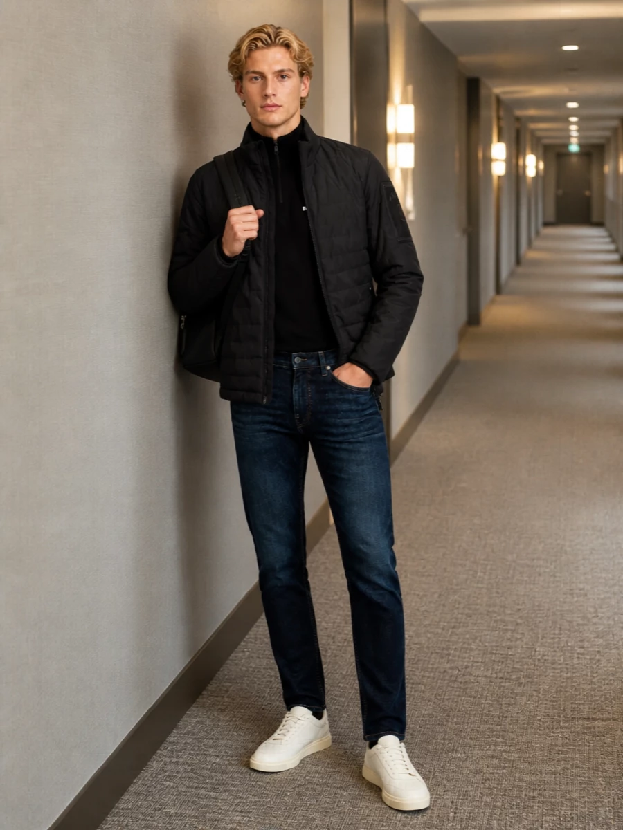 Boss padded jacket dark jeans cream sneakers