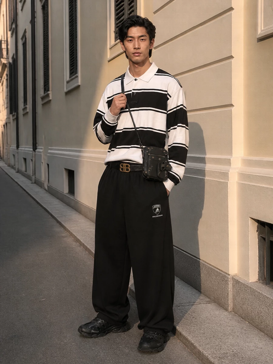 Balenciaga rugby polo wide leg track pants outfit