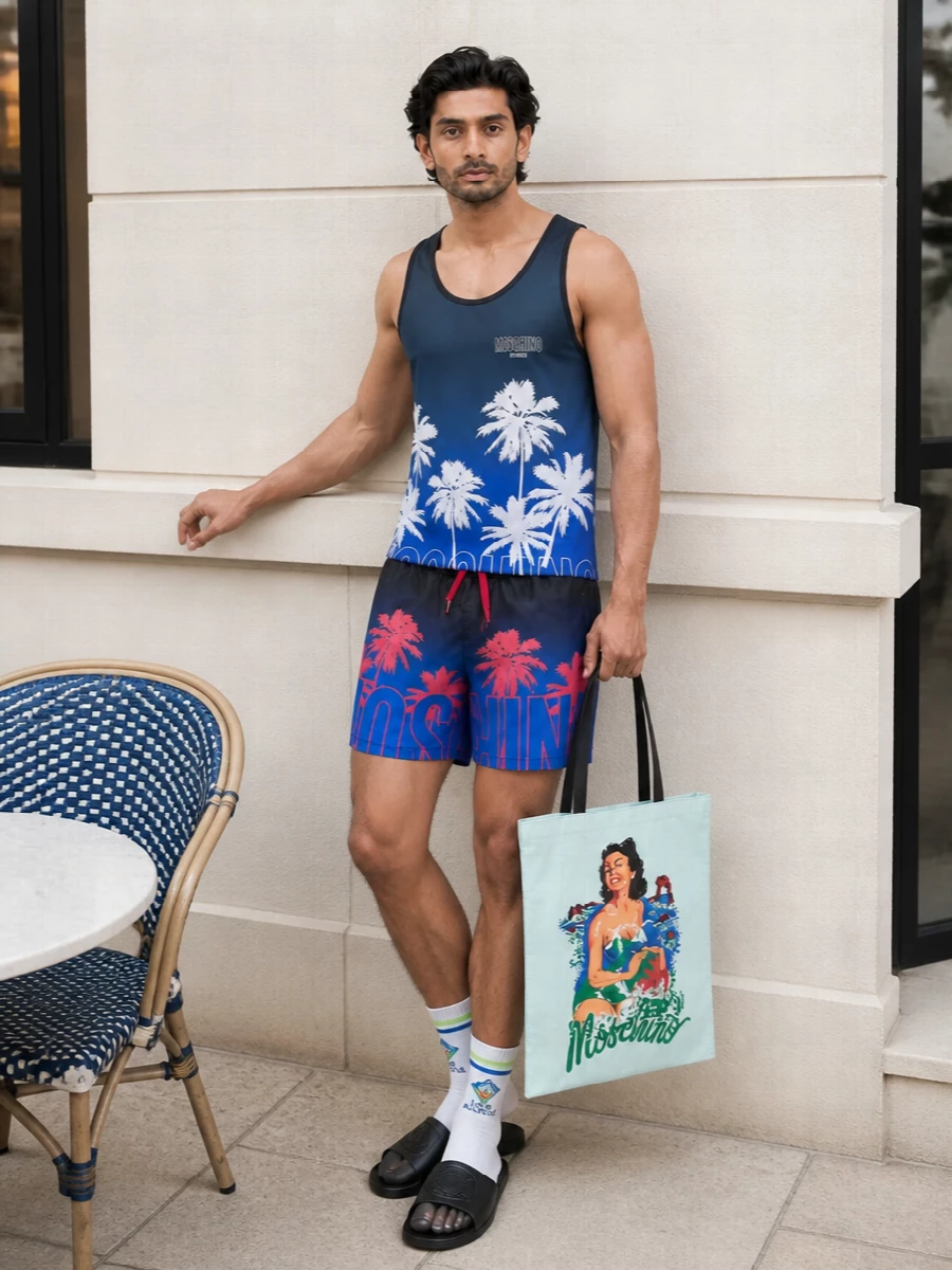 Moschino swim shorts outfit graphic tank slides