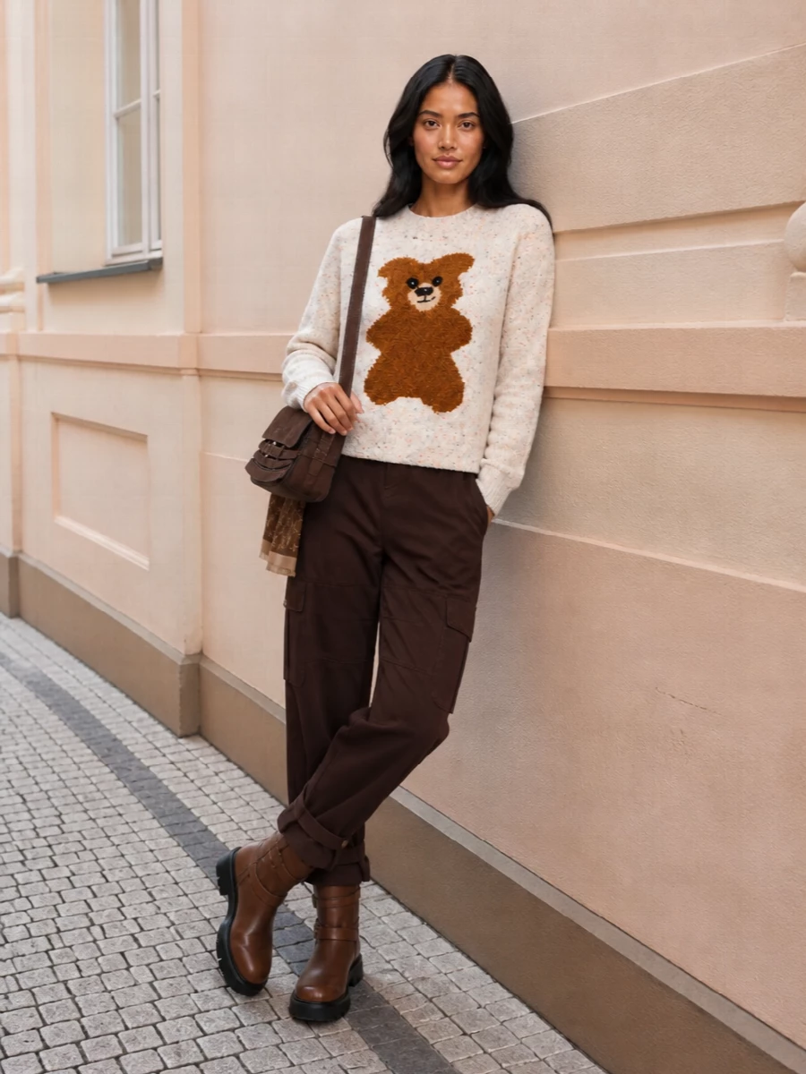 Moschino teddy sweatshirt cargo trousers outfit