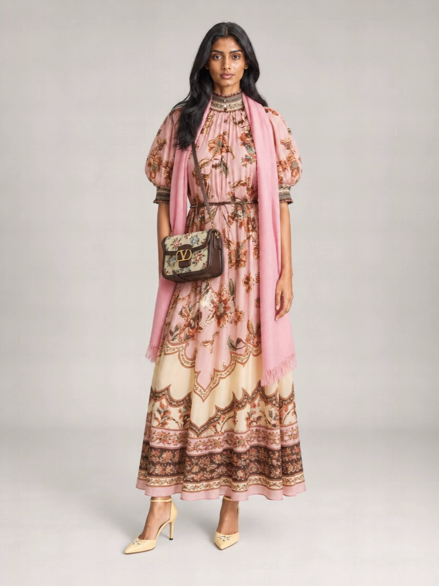 Zimmermann Silk Floral-Print High-Neck Short-Sleeve Maxi Dress