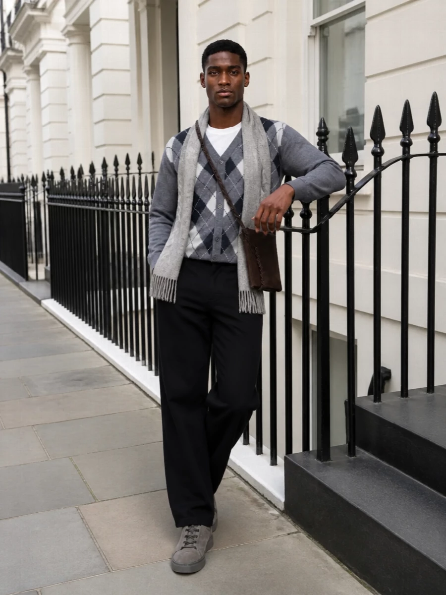 Dunst argyle cardigan black jeans tods sneakers