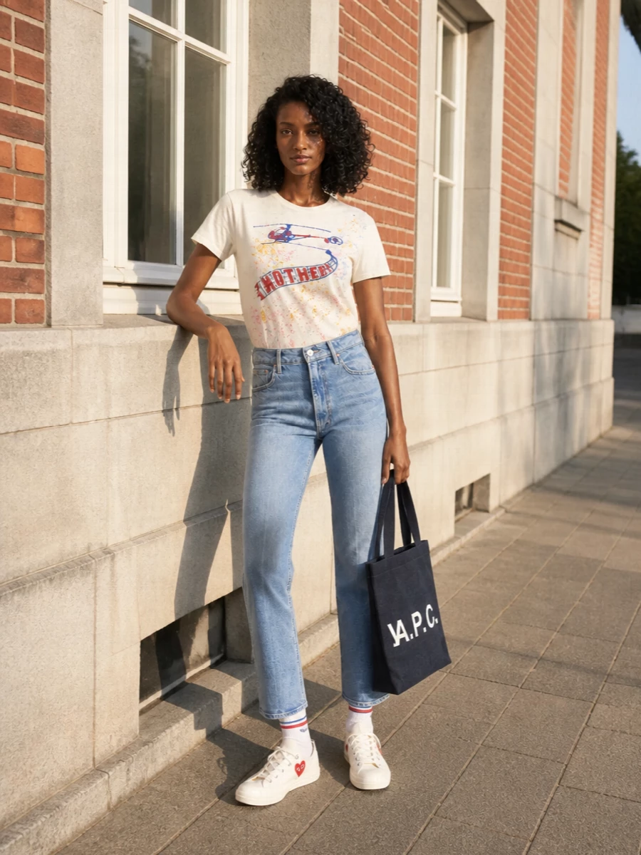 Mother graphic tee straight jeans apc tote