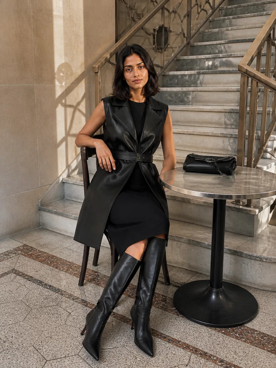 I’m styling the leather Sportmax sleeveless coat as a strict, modern tuxedo shell, so I’m pairing it with Sportmax’s high‑neck midi sheath instead of separates to keep one continuous column. The pointed knee boots sharpen that vertical line and double down on the leather story, while the chain‑edged cross‑body echoes the zip hardware for a controlled, night‑ready finish. It is a minimalist cocktail ensemble that reads powerful, not fussy.
