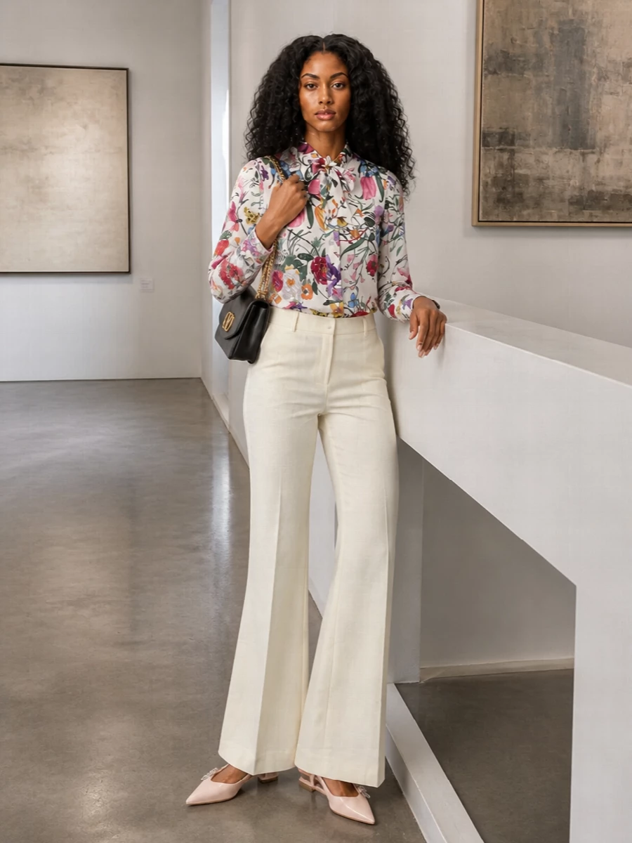 Gucci’s floral blouse is paired with clean ivory flared tailoring to create a long, romantic line that reads polished rather than busy. Blush crystal-trimmed slingbacks whisper softness at the hem, while a structured black Valentino shoulder bag adds just enough graphic contrast for gallery nights and terrace cocktails. The result is feminine, composed and unmistakably designer without feeling overdone.