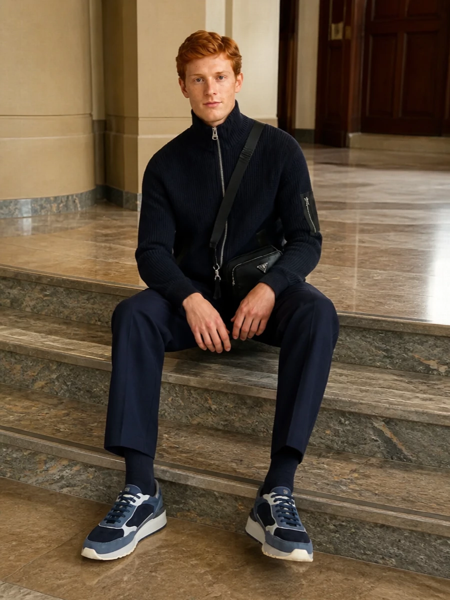 Sacai navy cardigan tapered trousers sneakers