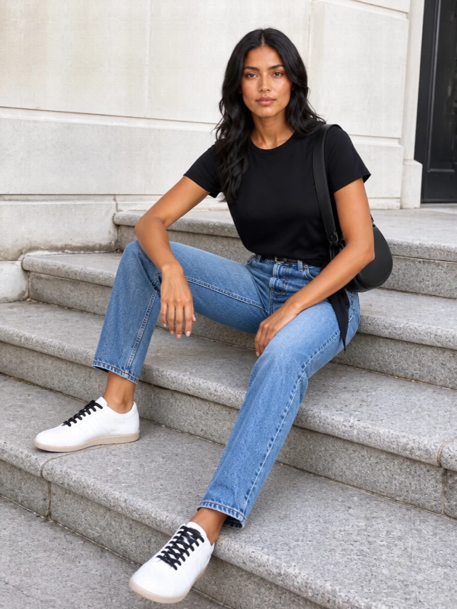 Jw anderson black tee toteme straight jeans outfit